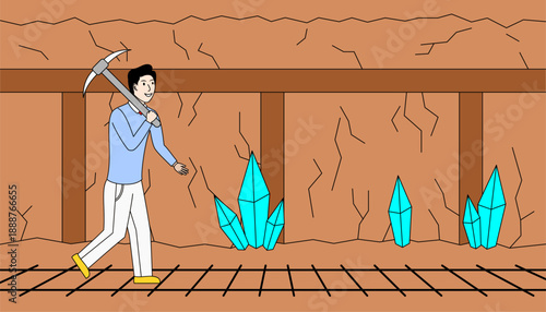 Man is walking through a cave with a pickaxe in his hand