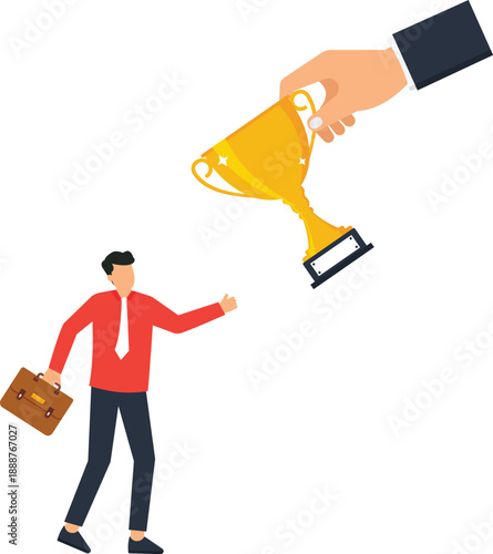 Businessman receiving winning trophy achievement award corporate reward golden cup employee recognition career goal hand giving professional life business success