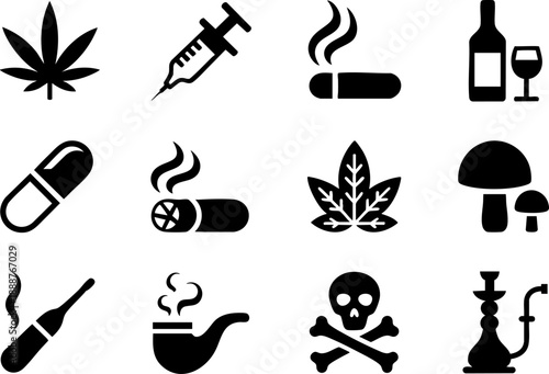 Drugs and Substance Icon Set – Addiction, Smoking, Alcohol, and Health Risk Symbols Vector EPS