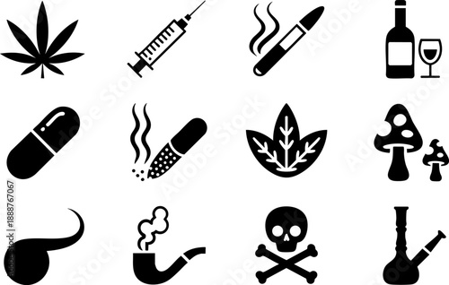Drugs and Substance Icon Set – Addiction, Smoking, Alcohol, and Health Risk Symbols Vector EPS
