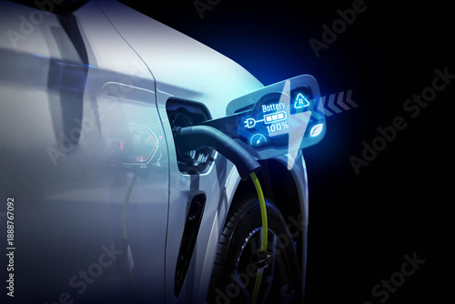 Power cable pump plug in charging power to electric vehicle EV car.