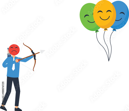 Angry masked person aiming archery bow at floating happy balloons, emotional conflict metaphor, targeting success, negative emotion, business struggle, flat design graphic