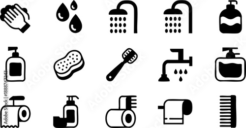 Bathroom and Hygiene Icon Set – Shower, Hand Washing, Soap, and Cleaning Essentials Vector EPS
