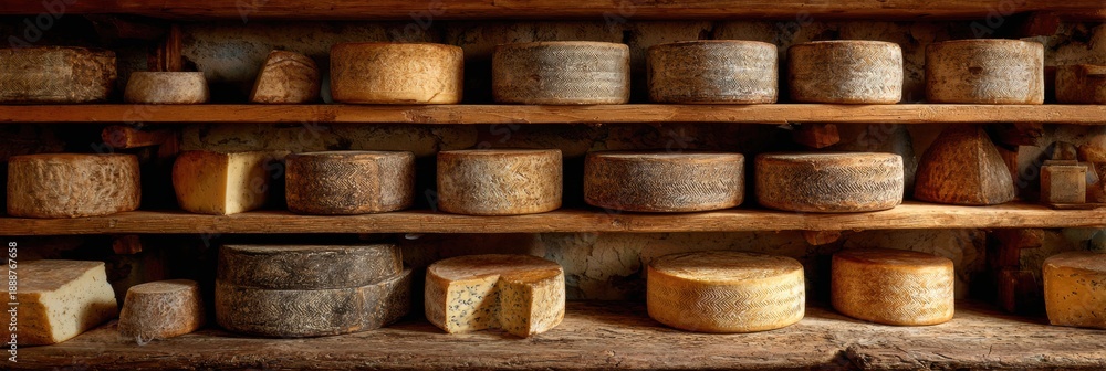 Naklejka premium Various Artisanal Cheeses Displayed on Wooden Shelves in a Rustic Setting Surrounded by Natural Light