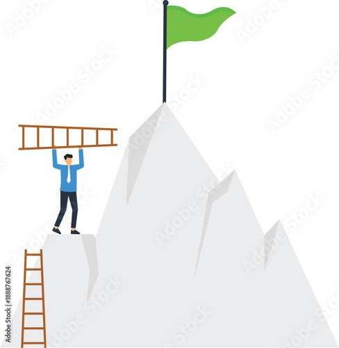 Businessman climbing mountain peak carrying ladder reaching green flag success goal achievement strategy challenge determination business progress