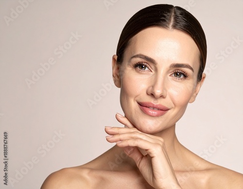 Mujer adulta con piel cuidada y luminosa, sonrisa natural, iluminación suave, enfoque en belleza real