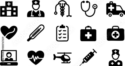 Medical and Healthcare Icon Set – Hospital, Doctor, Ambulance, and Health Service Vector EPS Pack
