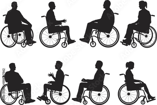 Black vector silhouettes of diverse people in wheelchairs, disabled men and women sitting in manual wheelchairs for accessibility and inclusion