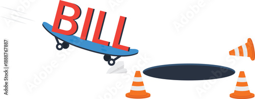 Bill payment skateboard jumping avoiding danger financial crisis debt problem overcoming obstacle warning sign traffic cone pothole hazard business concept urgent expense risk management