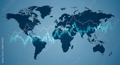 A world map with graphs and charts on a blue background representing global data and statistics