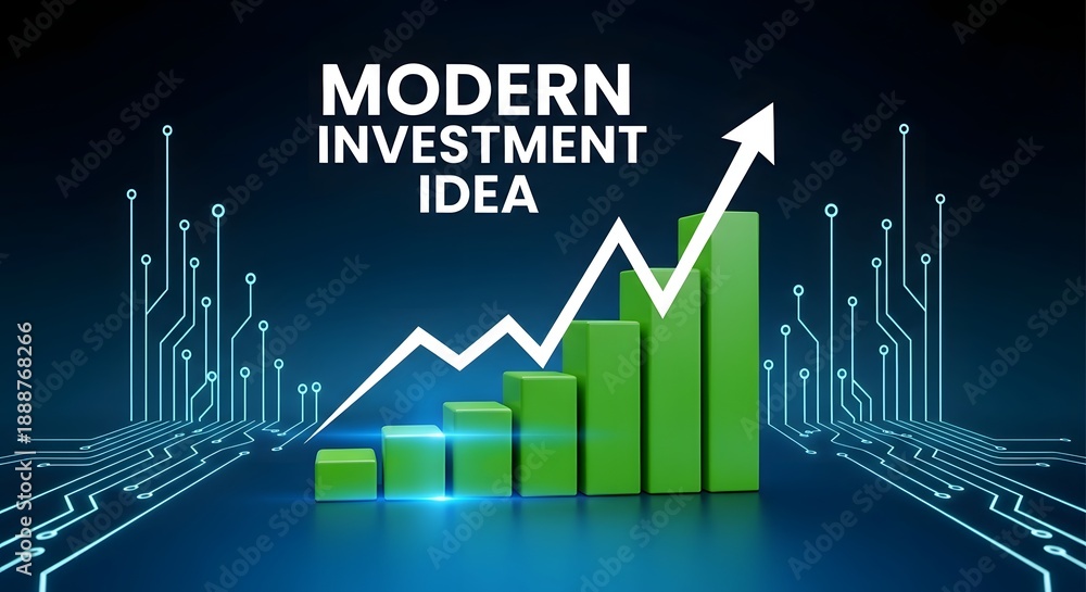 Naklejka premium Modern investment idea with green graph and white arrow on dark blue background with circuit board pattern