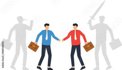 Business handshake hidden agenda corporate deception secret conflict dishonest agreement negotiation risk ethical dilemma shadow figures Pinocchio nose sword threat