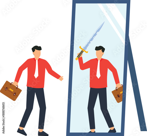 Businessman reflection showing inner hero holding sword. Self confidence, hidden potential, corporate ambition, mirror image, professional courage, business metaphor, alter ego.