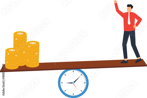 Businessman balancing financial value, time management concept, gold coins wealth investment, clock fulcrum, equal weight, success achievement