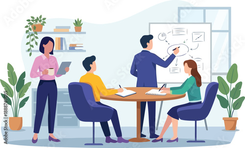 Brainstorming Session: A dynamic group of individuals collaborates in a modern office environment, engaging in a productive brainstorming session with a whiteboard and creative input.