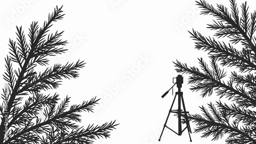 Camera on tripod amidst pine branches in silhouette.