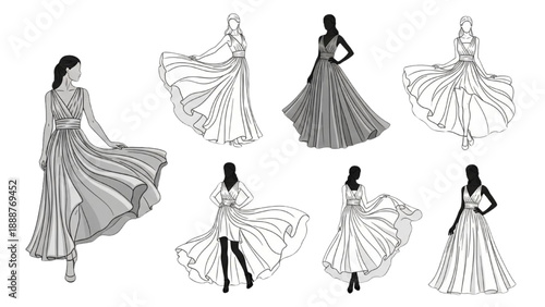 Collection of elegant women in flowing gowns posing dynamically in various stylish illustrations