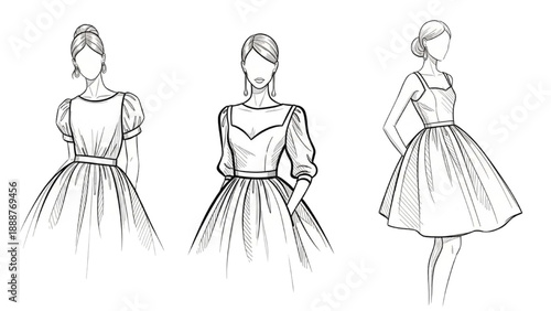 Billede på lærred Fashion sketches of women wearing elegant dresses from different viewpoints and