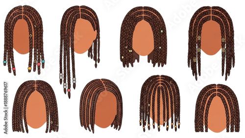 Various hairstyles with braids and dreadlocks displayed on multiple head illustrations from different viewpoints