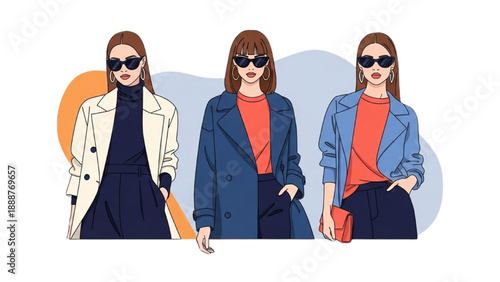 Three women standing confidently wearing fashionable outfits and sunglasses in a modern urban setting