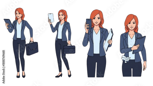 Illustration of a red-haired businesswoman in various poses holding devices and documents, showcasing modern office lifestyle