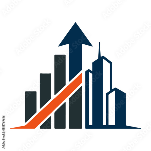 Professional real estate logo for Properties featuring a blue city skyline silhouette integrated with a rising bar chart and upward growth arrow for property investment and finance