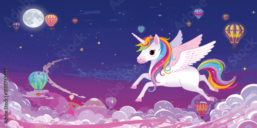 Funny cartoon illustration of a baby horse with stars in a snowy nature landscape featuring a blue sky design and artistic vector elements