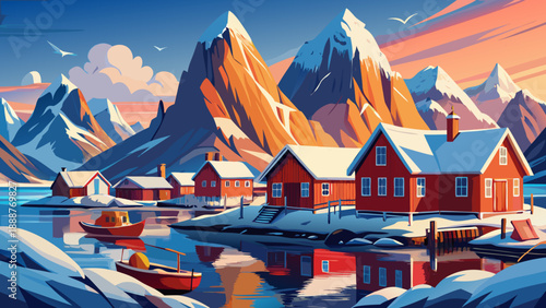 Very beautiful winter afternoon light embraces Sakrisøy village in the Lofoten Islands, Norway, revealing red fishing houses, snowy peaks, and calm Norwegian Sea in untouched Arctic silence.