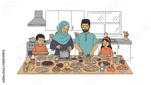 Doodle Muslim family preparing iftar together in kitchen, flat solid color illustration.