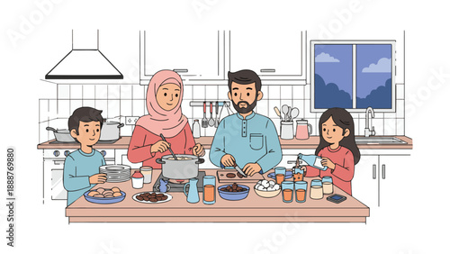 Doodle Muslim family preparing iftar together in kitchen, flat solid color illustration.