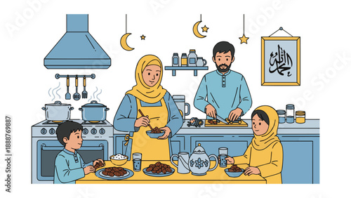 Doodle Muslim family preparing iftar together in kitchen, flat solid color illustration.