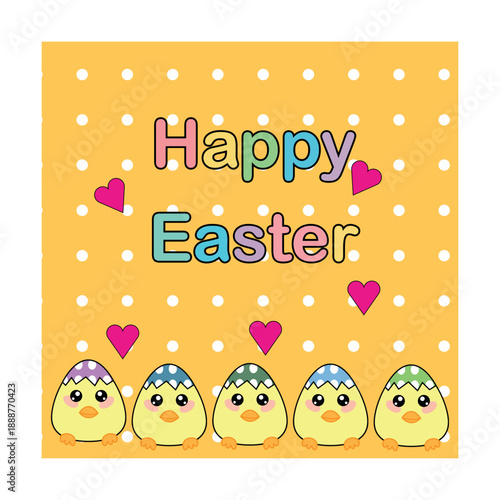 Happy Easter Greeting Card with Cute Kawaii Chicks in Eggshells on Yellow Polka Dot Background.
