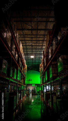 pallets. Warehouse interior at dawn illuminated by green scanning lights along aisles. safety posters, maintenance manuals, designed for industrial assembly lines and welding operations.
