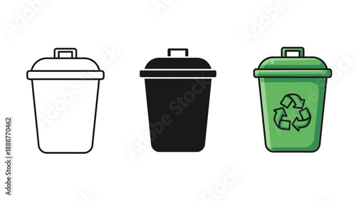 Set of three trash can icons outline, solid black and green recycling bin with recycle symbol
