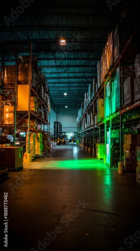 pallets. Warehouse interior at dawn illuminated by green scanning lights along aisles. safety posters, maintenance manuals, designed for industrial assembly lines and welding operations.
