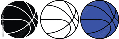 Three basketballs in different colors: black, white, and blue, depicted as simple graphic icons.