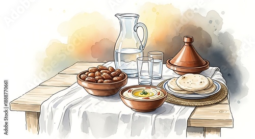 Watercolor still life illustration of a simple suhoor table with dates, water, and traditional dishes in warm tones