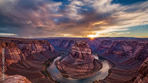 Panoramic aerial view of horseshoe bend colorado river landscape at sunrise