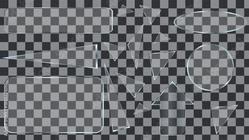 Transparent glass elements with intact rectangular, oval, circular shapes and sharp broken fragments on a checkered background.