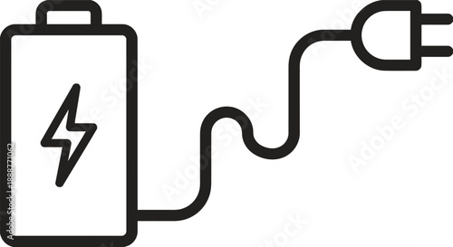 Minimalist line art illustrating a battery receiving power from an electrical outlet via a connected plug