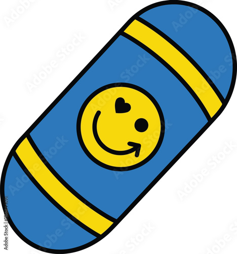 A vibrant blue and yellow stylized object featuring a quirky smiley face expressing joy and fun