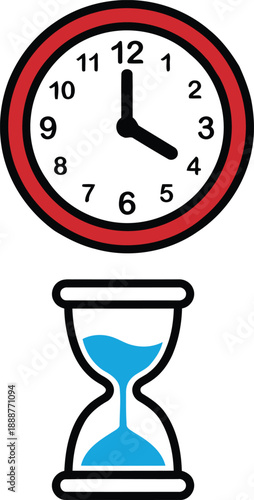 Classic analog clock and sand filled hourglass representing the concept of time passing and deadlines