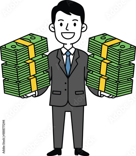 A happy businessman in a suit successfully holds two large stacks of money representing financial wealth