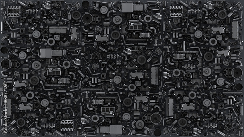 Dark modular pattern 3d render of dense mechanical parts heap. interlocking gears, pipes and wheels as an industrial, futuristic background for automotive or engineering design