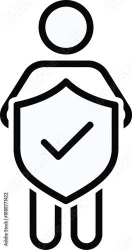 Person silhouette holding a shield with a checkmark symbolizing safety approval and digital protection