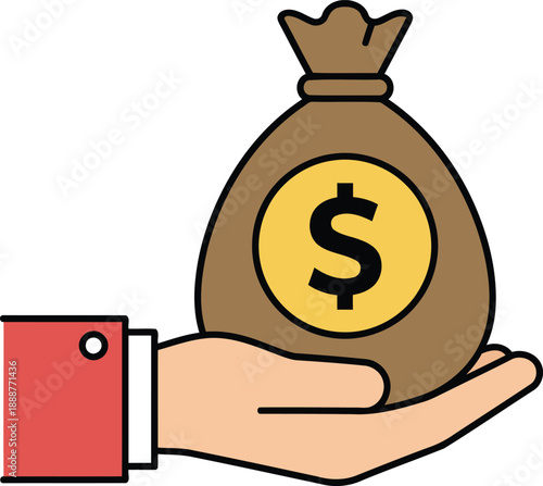 A human hand carefully presents a brown money bag filled with cash adorned with a dollar symbol