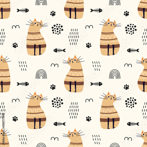 Seamless pattern with abstract cat. Great for fabric, textile, wrapping, wallpaper. Vector Illustration
