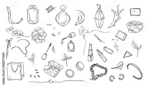 Beauty, makeup product with jewelry hand drawn black white vector clipart. Cosmetic items in line art for fashion or boutique design. Outline drawing set for beauty blog background.