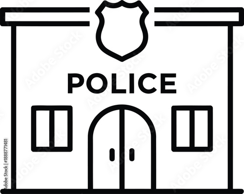 Line art icon representing a police station building with a shield emblem and text on front