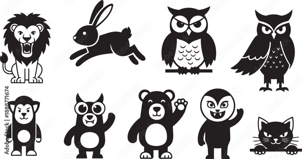 Fototapeta premium Black and white cartoon animal icons, vector illustrations of lion, rabbit, owl, bear, cat, and monkey, for website or app UI, isolated on transparent background, png